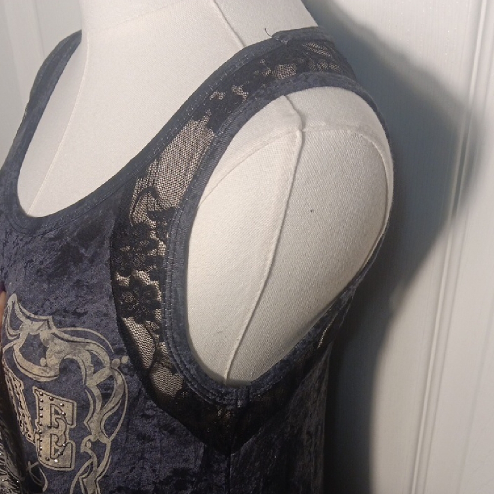 NEW! Vocal Motorcycle Charcoal Graphic Tank Top With Lace Details & Embellished - Picture 7 of 13